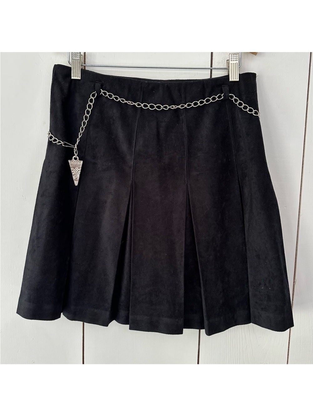 90s Black Pleated Mini Skirt with Silver Chain Sz 6 Whimsigoth Punk Lolita